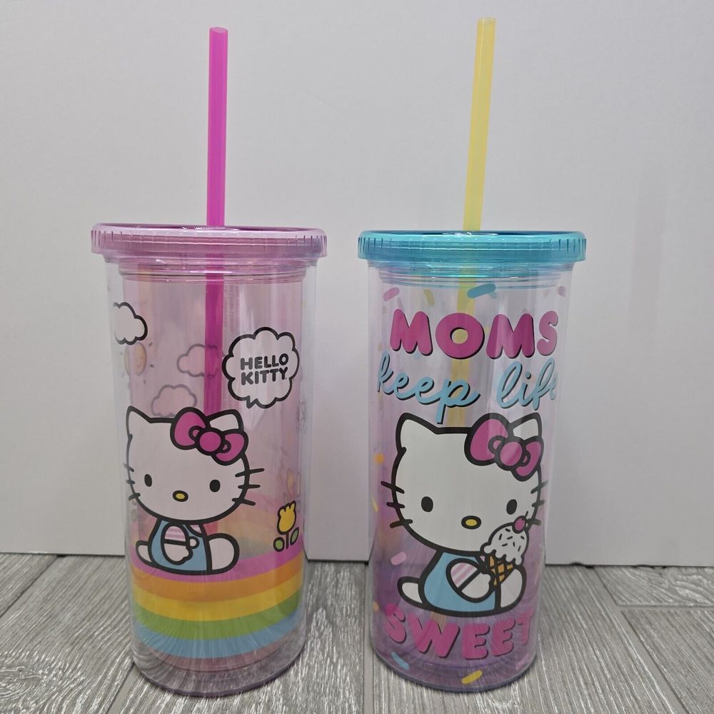 Pair Of Hello Kitty Pink And Blue Travel Tumblers / Cups Lid 20oz